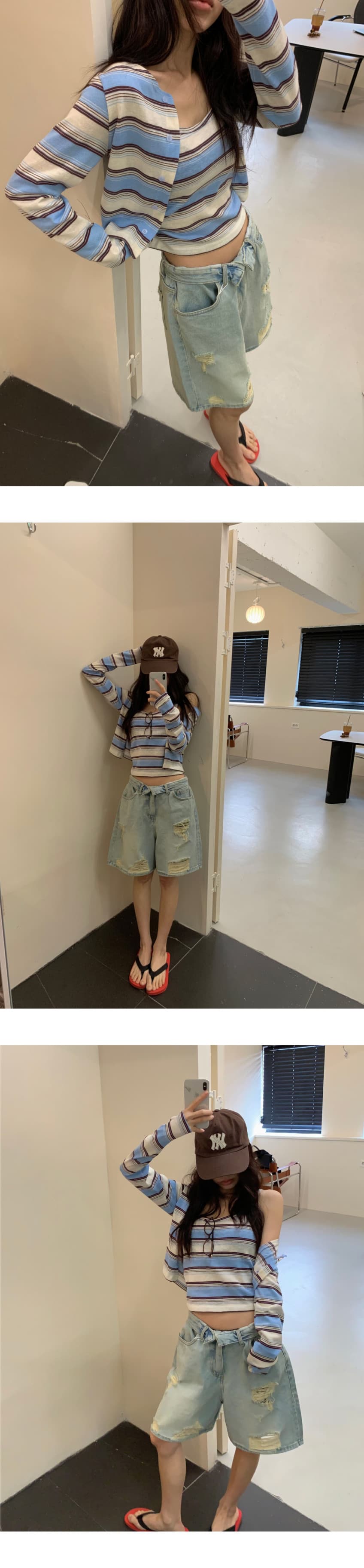 있음 선적 외국 가스 스트라이프 패치워크 색상 몸매 가꾸기 캐미솔 긴팔 얇은 스타일 오픈 가디건 투피스 세트 상세 이미지 4