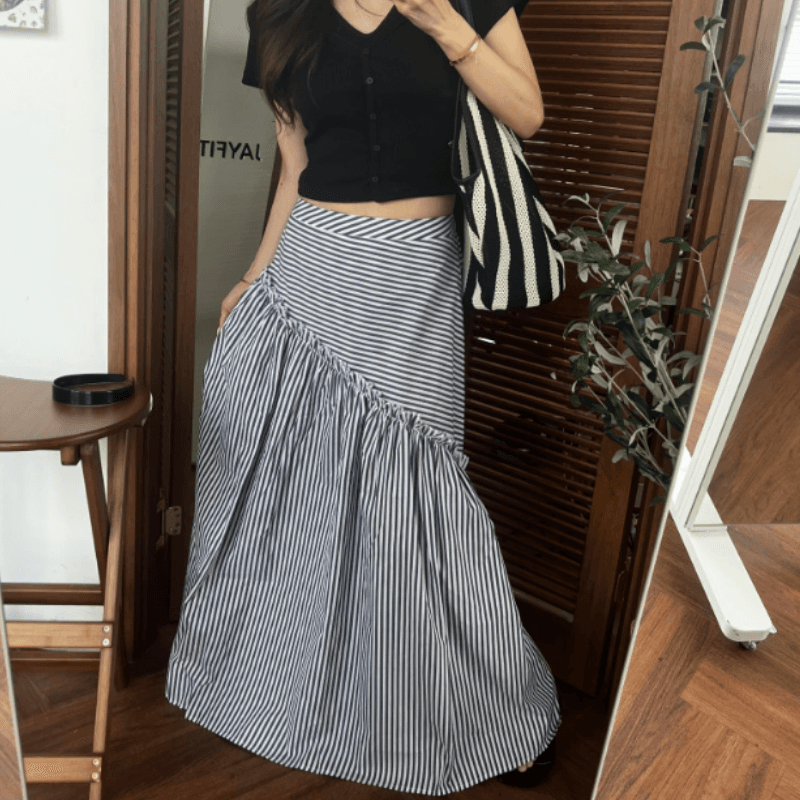 있음 선적 새로운 일본식 스트라이프 허리밴드 큰 진자 한 마디 반신 스커트 이미지 2