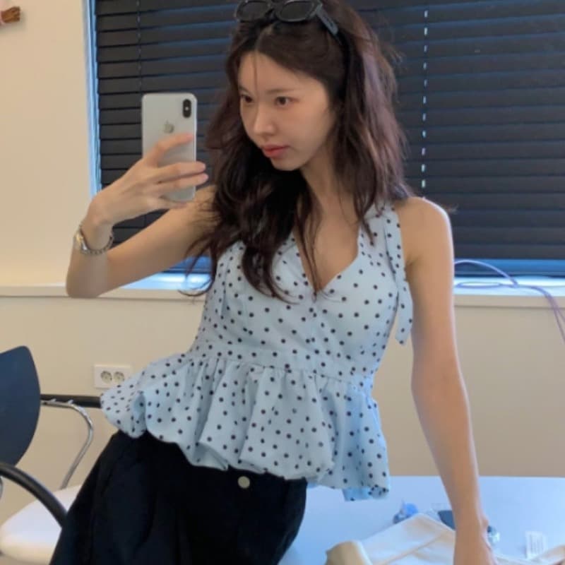 있음 선적 섹시함 백리스 스트랩 행침 목 V넥 도트 무늬 맨위