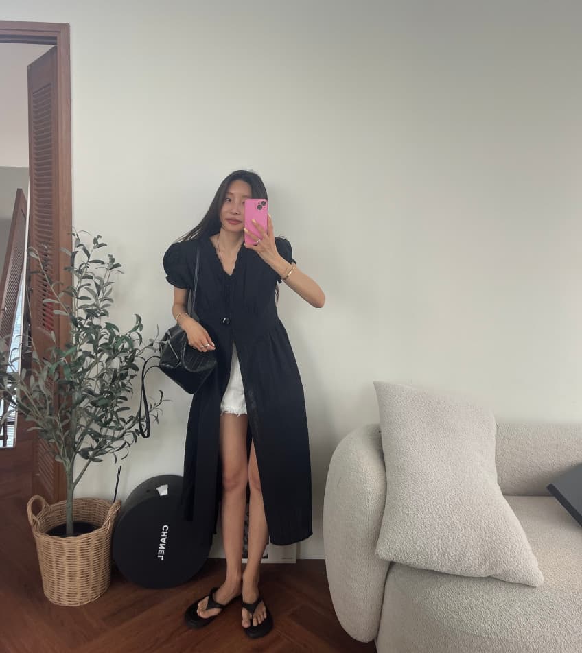 새로운 프랑스식 주름 레이스 V넥 부서 버클 허리 수축 반팔 롱 코트 드레스 상세 이미지 27