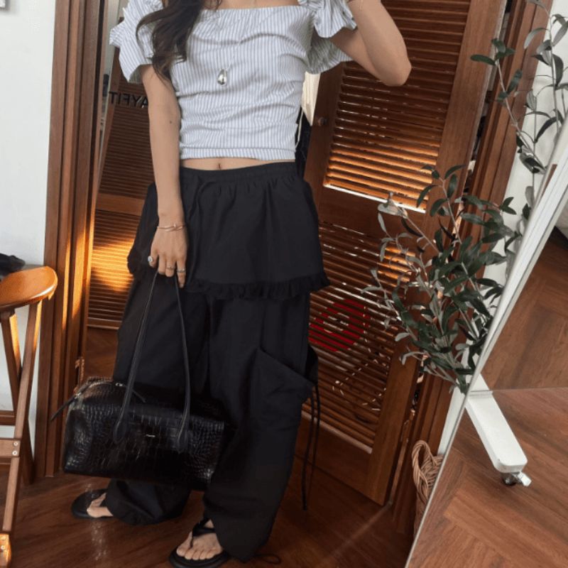 새로운 소녀 단색 프릴 펌프 로프 허리밴드 다용도 치마바지 캐주얼 바지 이미지 4