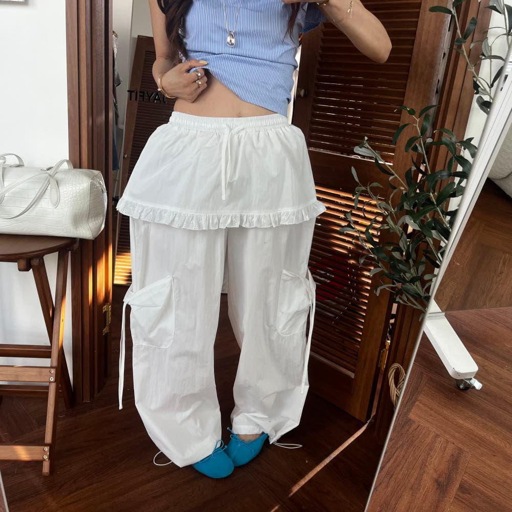 새로운 소녀 단색 프릴 펌프 로프 허리밴드 다용도 치마바지 캐주얼 바지 상세 이미지 1