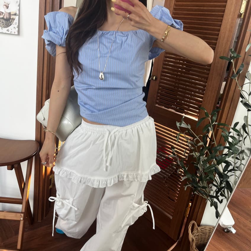 새로운 소녀 단색 프릴 펌프 로프 허리밴드 다용도 치마바지 캐주얼 바지 상세 이미지 8