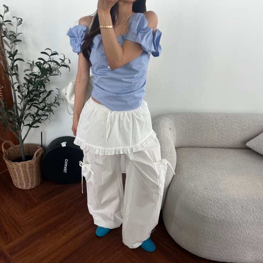 새로운 소녀 단색 프릴 펌프 로프 허리밴드 다용도 치마바지 캐주얼 바지 상세 이미지 10