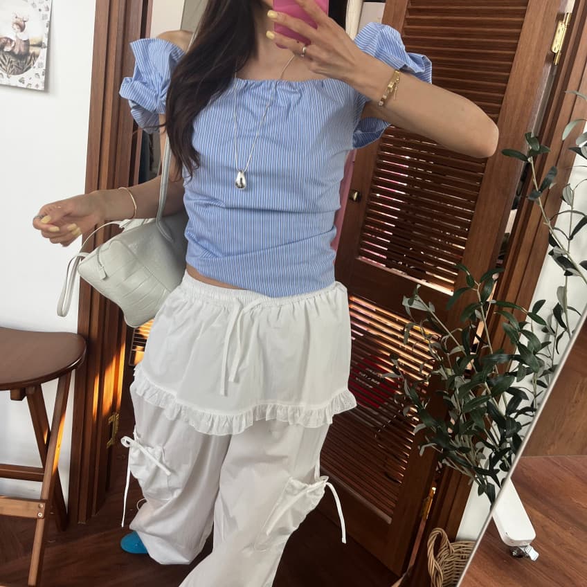 새로운 소녀 단색 프릴 펌프 로프 허리밴드 다용도 치마바지 캐주얼 바지 상세 이미지 15