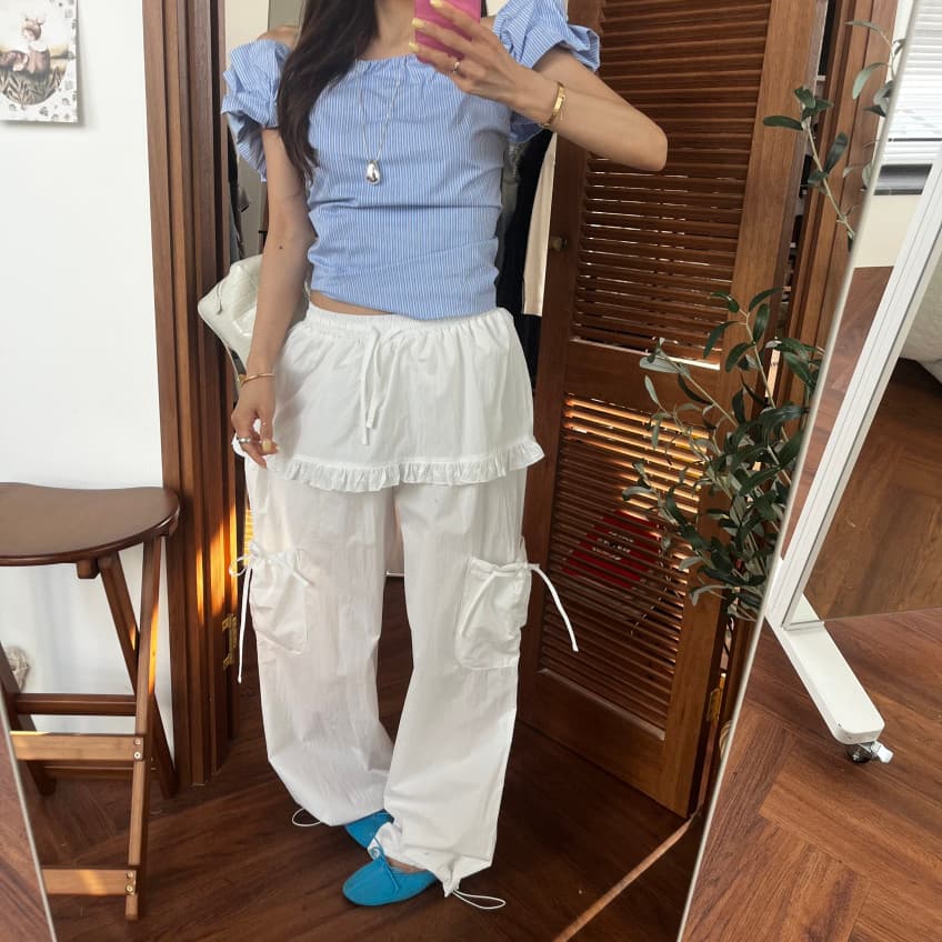 새로운 소녀 단색 프릴 펌프 로프 허리밴드 다용도 치마바지 캐주얼 바지 상세 이미지 19