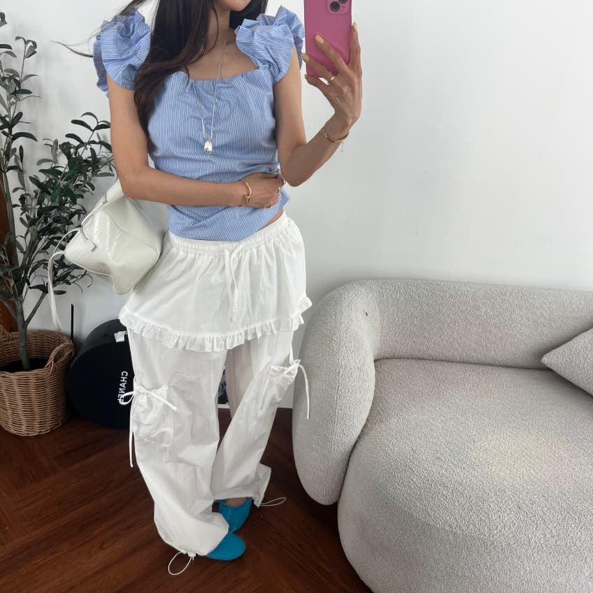 새로운 소녀 단색 프릴 펌프 로프 허리밴드 다용도 치마바지 캐주얼 바지 상세 이미지 23