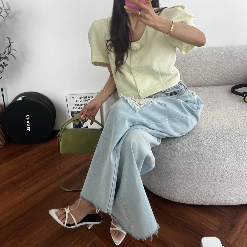 여성 의류 작은 샤넬 스타일 싱글 줄 버튼 장미 거품 소매 오픈 가디건 맨위 상세 이미지 23