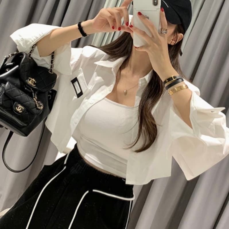 있음 선적 단색 폴로 칼라 개성 막대기 표준 쇼트 스타일 셔츠 이미지 2