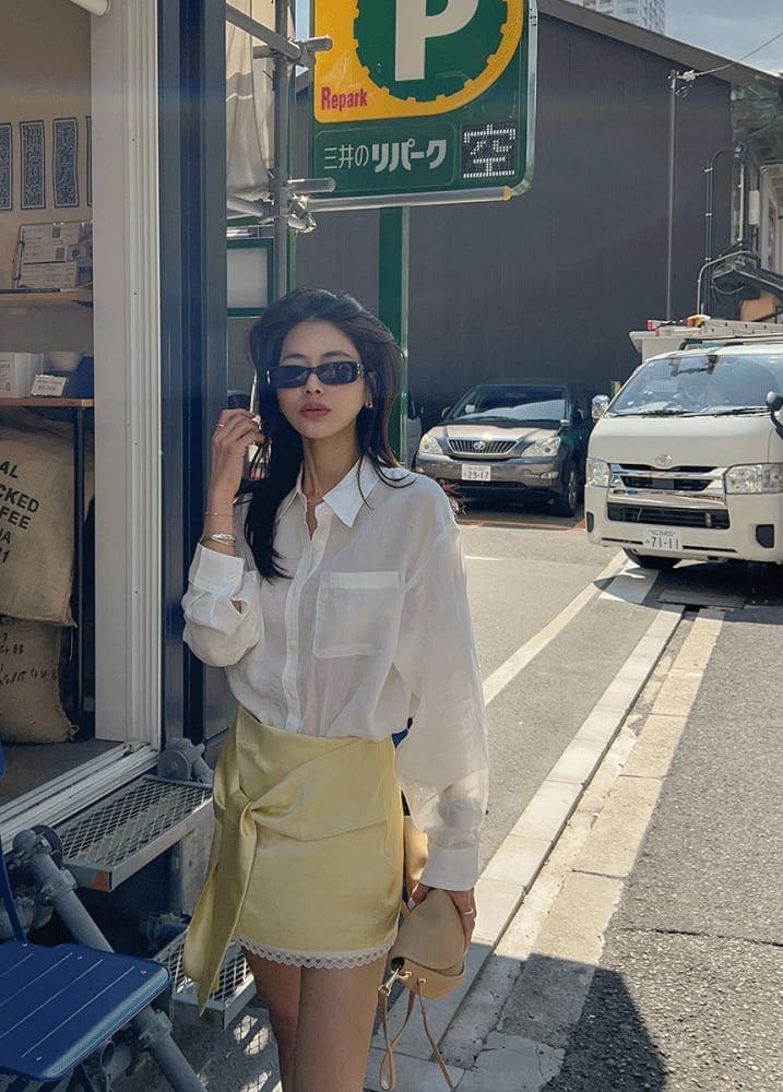 새로운 다용도 폴로 칼라 싱글 줄 버튼 주머니 루즈핏 캐주얼 셔츠 상세 이미지 1