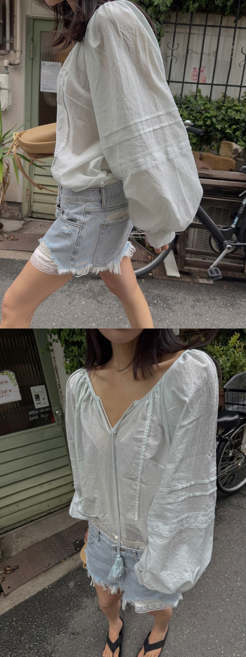새로운 한 부서 다용도 미니멀리즘 소녀 풀오버 라운드 넥 레이스 업 셔츠 상세 이미지 23