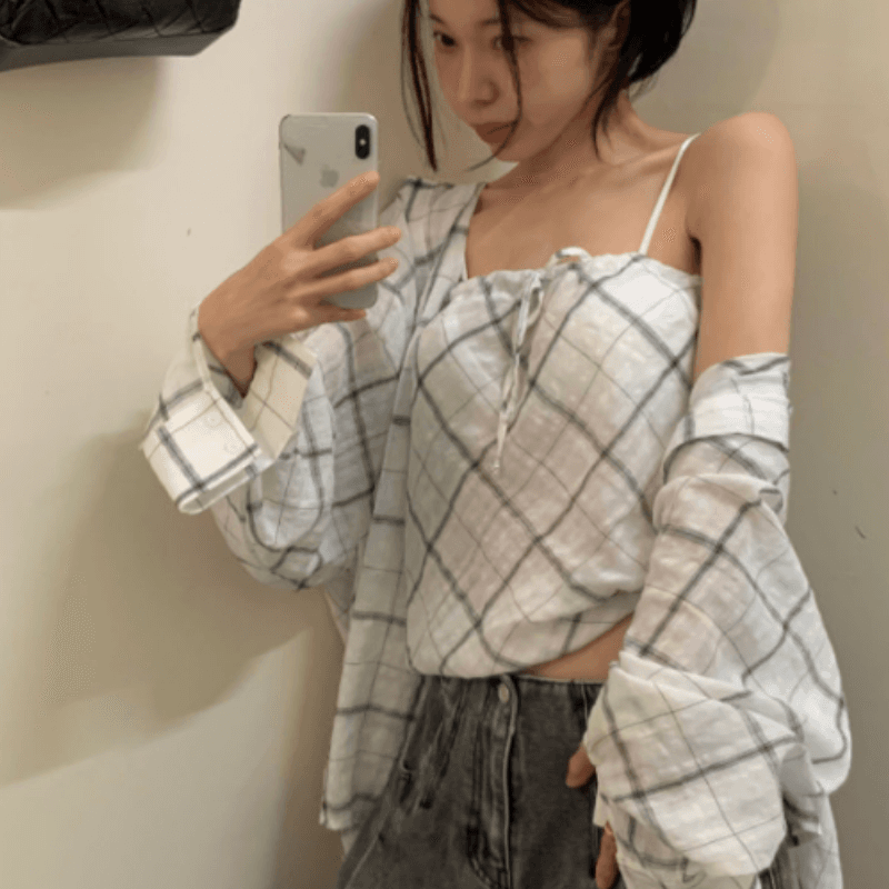 있음 선적 새로운 체크무늬 레이스업 튜브탑 조끼 얇고 가벼운 폴로 칼라 긴팔 셔츠 투피스 세트 이미지 2