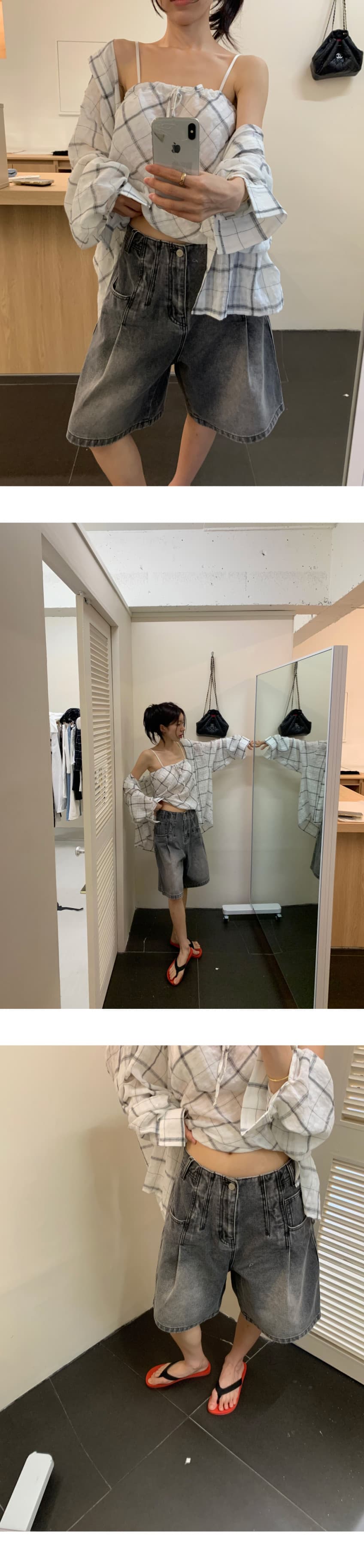 있음 선적 새로운 체크무늬 레이스업 튜브탑 조끼 얇고 가벼운 폴로 칼라 긴팔 셔츠 투피스 세트 상세 이미지 3