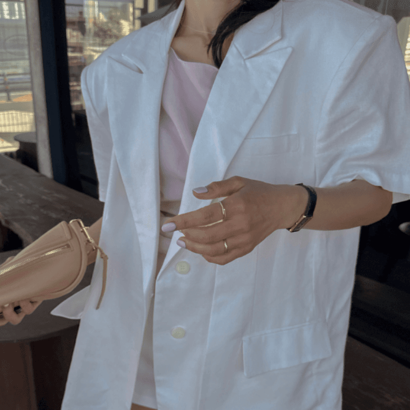 있음 선적 새로운 폴로 칼라 두 버클 루즈핏 반팔 블레이저 맨위 이미지 3