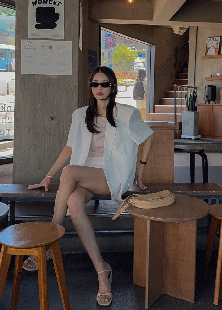 있음 선적 새로운 폴로 칼라 두 버클 루즈핏 반팔 블레이저 맨위 상세 이미지 1