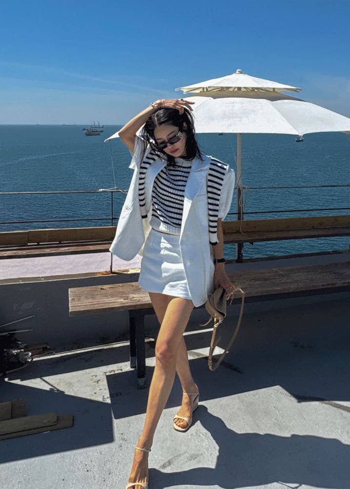 있음 선적 새로운 폴로 칼라 두 버클 루즈핏 반팔 블레이저 맨위 상세 이미지 3