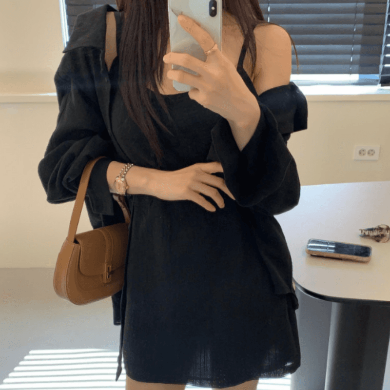 새로운 미니멀리즘 자외선 차단 느긋한 긴팔 셔츠 인사이드 가져 가라. 몸매 가꾸기 슬립 드레스 투피스 세트 이미지 4