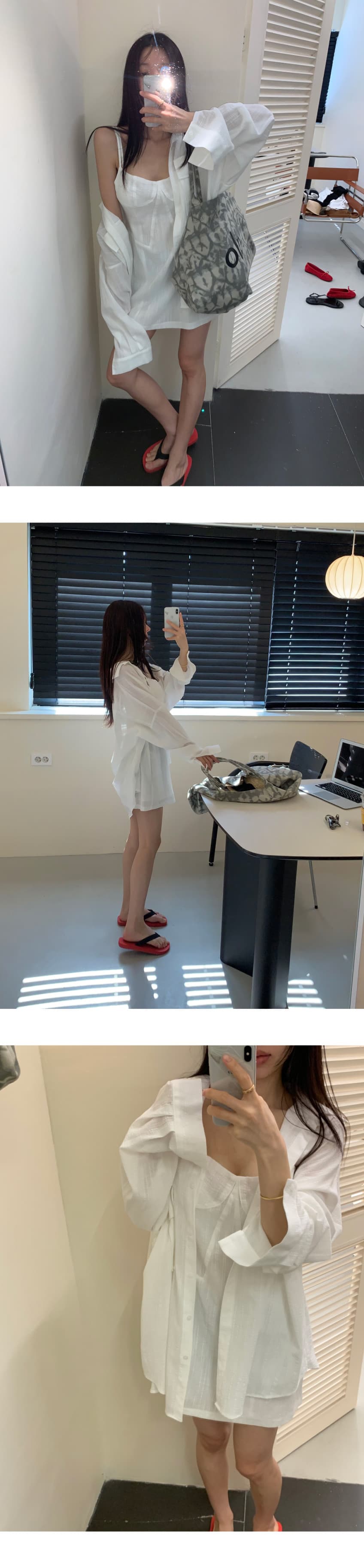 새로운 미니멀리즘 자외선 차단 느긋한 긴팔 셔츠 인사이드 가져 가라. 몸매 가꾸기 슬립 드레스 투피스 세트 상세 이미지 8