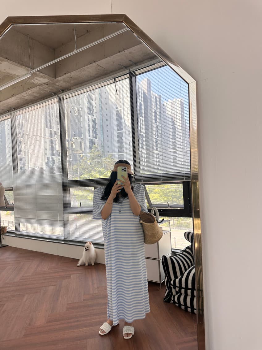 새로운 고급 슬림해 보이는 캐주얼 롱 코트 스트라이프 티셔츠 드레스 상세 이미지 39