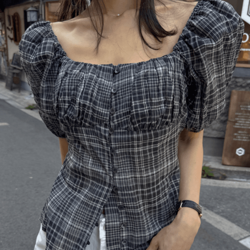 새로운 레트로 체크무늬 부서 버클 주름 거품 소매 반팔 맨위 이미지 3