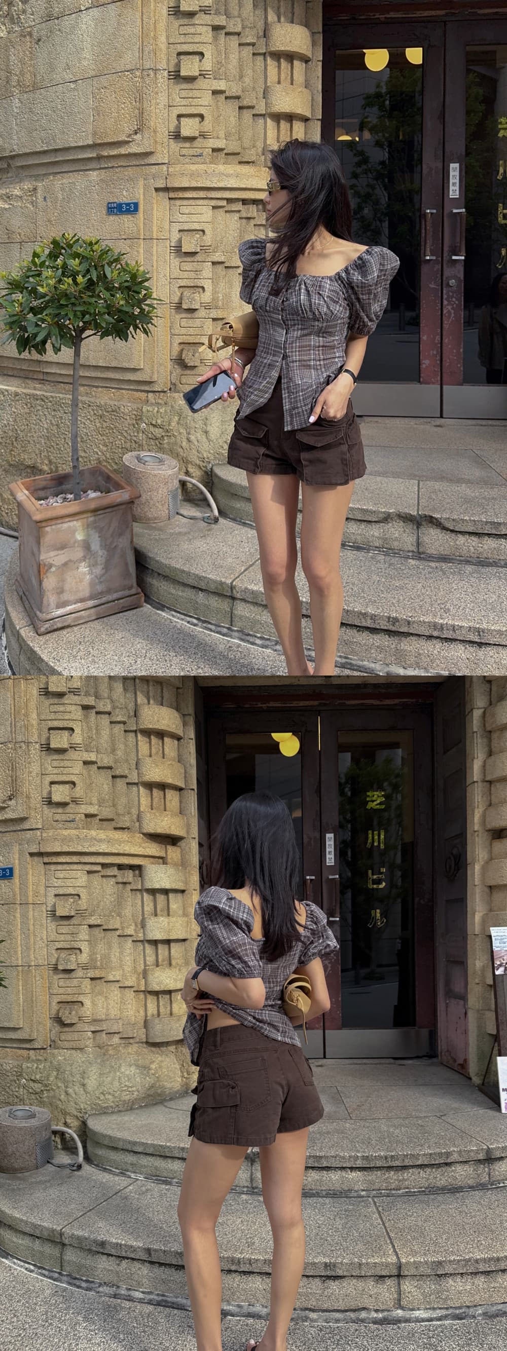 새로운 레트로 체크무늬 부서 버클 주름 거품 소매 반팔 맨위 상세 이미지 2