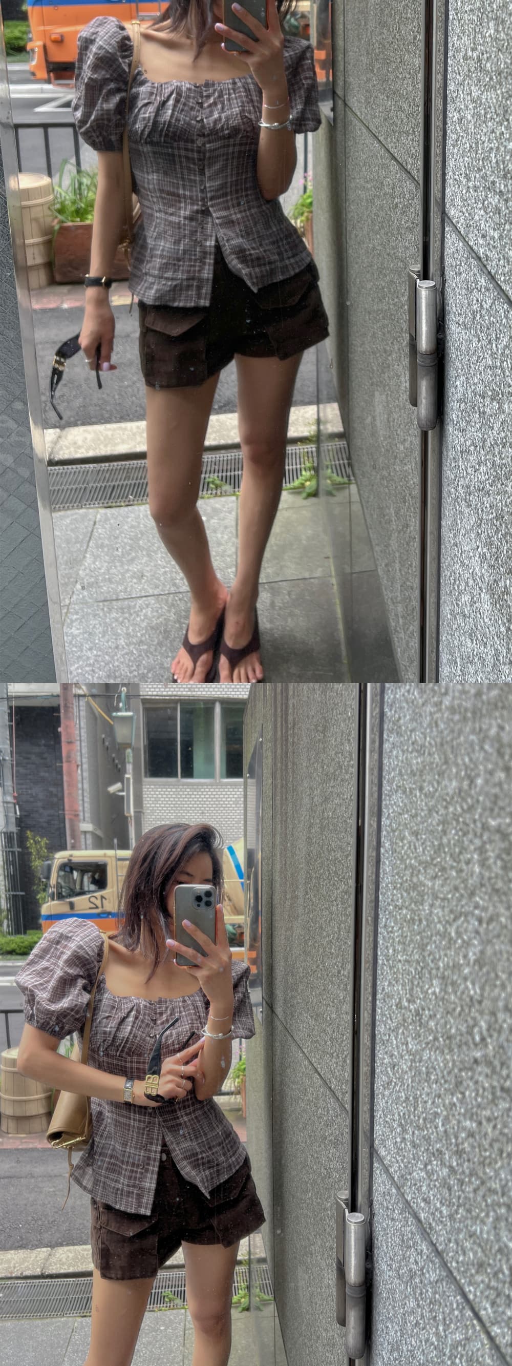 새로운 레트로 체크무늬 부서 버클 주름 거품 소매 반팔 맨위 상세 이미지 10
