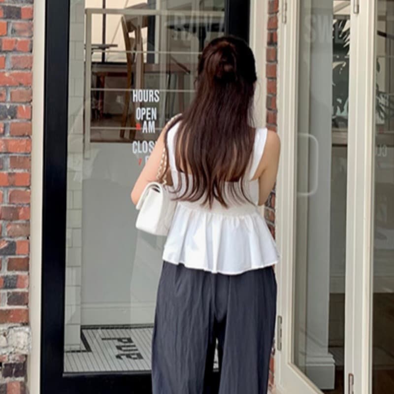 있음 선적 민소매 펌프 Pleat 셔츠 이미지 5