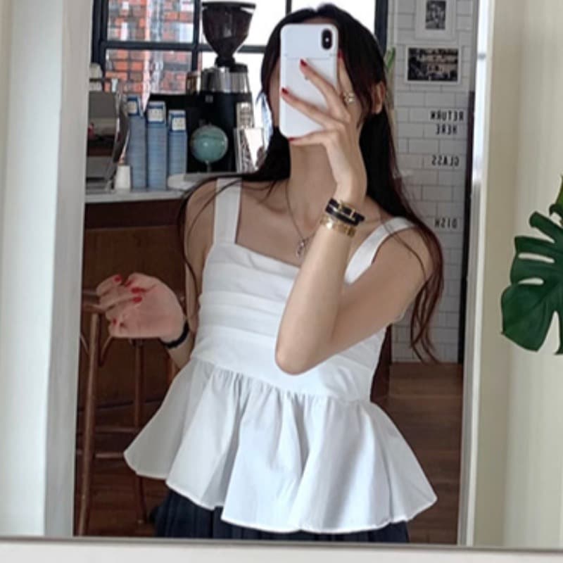 있음 선적 민소매 펌프 Pleat 셔츠