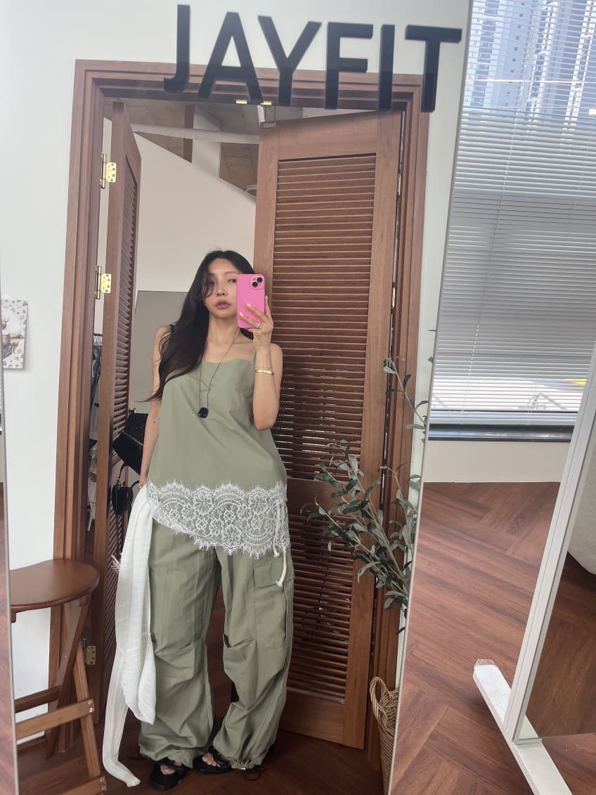 있음 선적 섹시함 수 있습니다. 조정 어깨끈 레이스 조각 캐미솔 측면 레이스업 캐주얼 바지 세트 상세 이미지 24