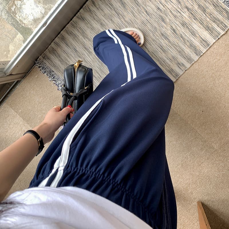 있음 선적 스트라이프 캐주얼 밴딩 펌프 로프 루즈핏 와이드 레그 팬츠 이미지 3