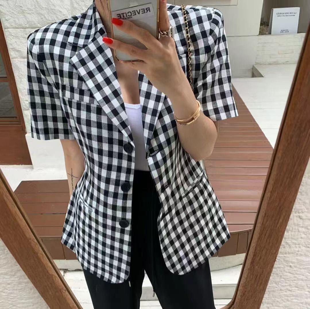 있음 선적 품격 체크무늬 폴로 칼라 반팔 슬림해 보이는 허리 수축 셔츠 재킷