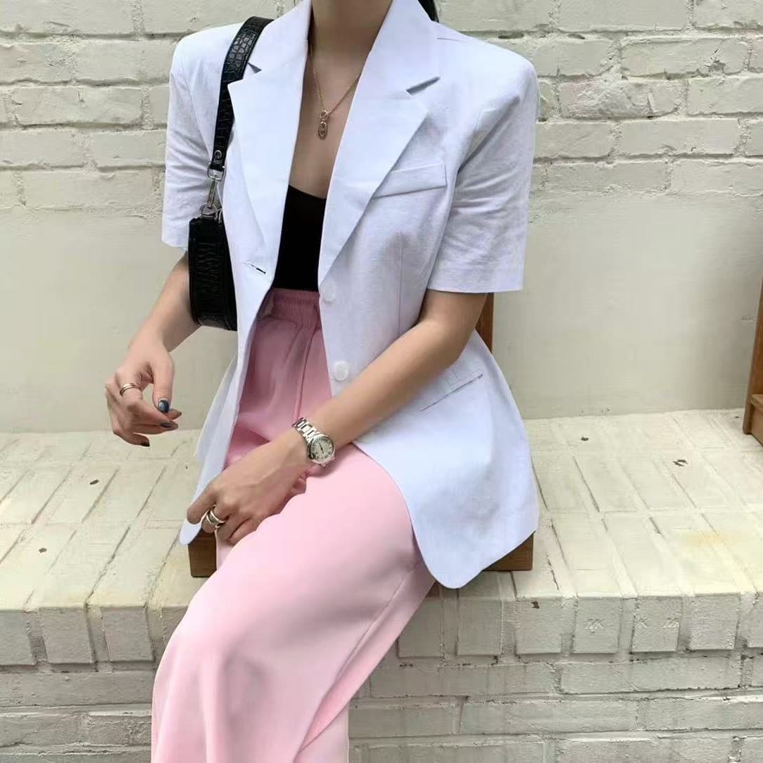 있음 선적 품격 체크무늬 폴로 칼라 반팔 슬림해 보이는 허리 수축 셔츠 재킷 이미지 4