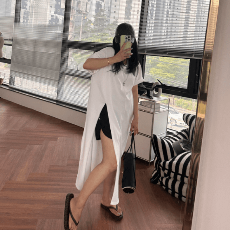 새로운 한국 스타일 측면 트임 중간 길이 티셔츠 이미지 3