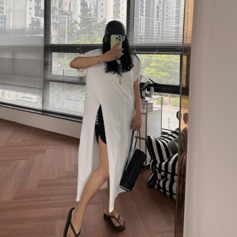 새로운 한국 스타일 측면 트임 중간 길이 티셔츠 이미지 2