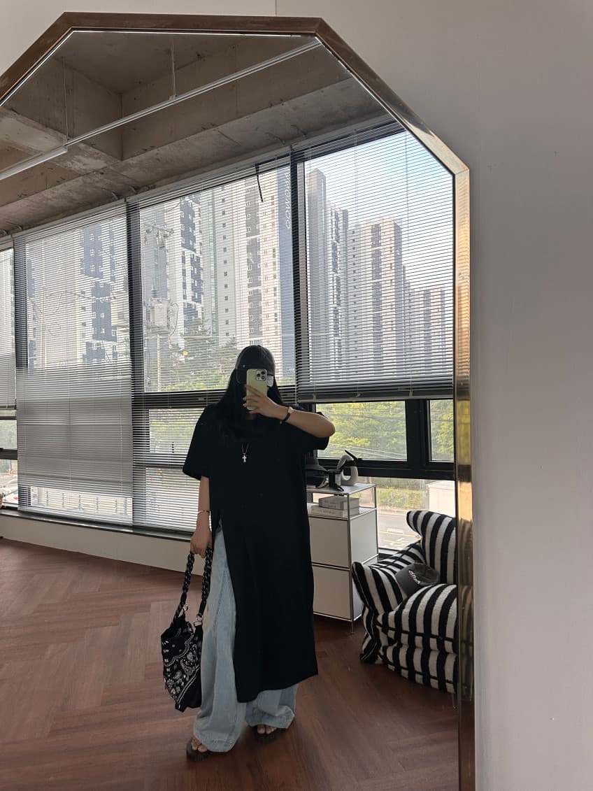 새로운 한국 스타일 측면 트임 중간 길이 티셔츠 상세 이미지 11