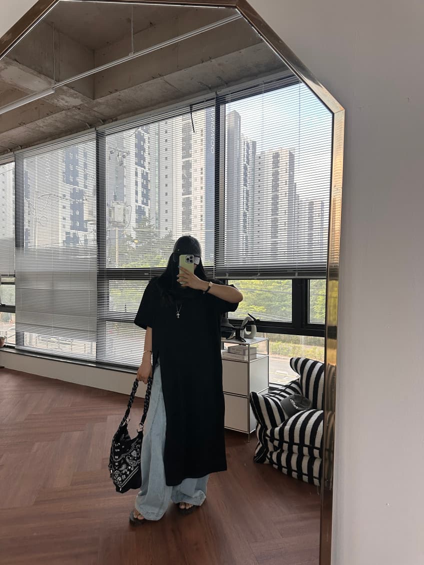 새로운 한국 스타일 측면 트임 중간 길이 티셔츠 상세 이미지 13