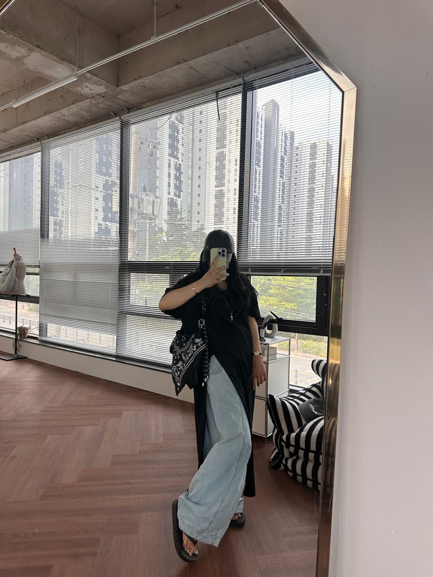 새로운 한국 스타일 측면 트임 중간 길이 티셔츠 상세 이미지 23
