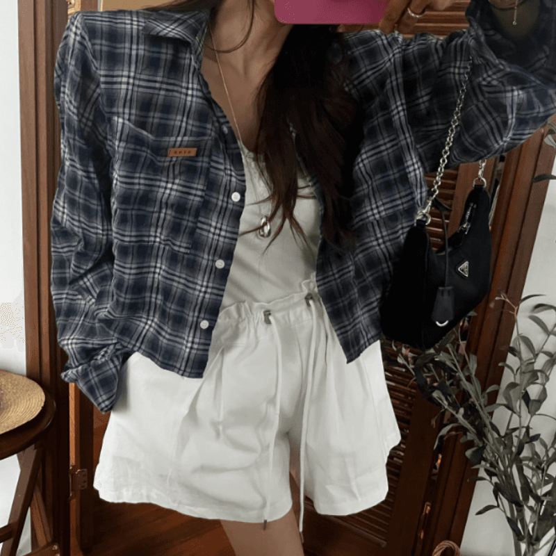 있음 선적 새로운 외국 가스 쇼트 스타일 뒤에 트임 스트랩 격자 무늬 셔츠 이미지 4