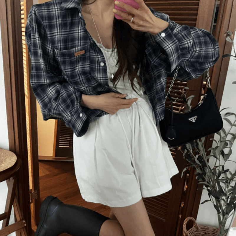 있음 선적 새로운 외국 가스 쇼트 스타일 뒤에 트임 스트랩 격자 무늬 셔츠 이미지 5