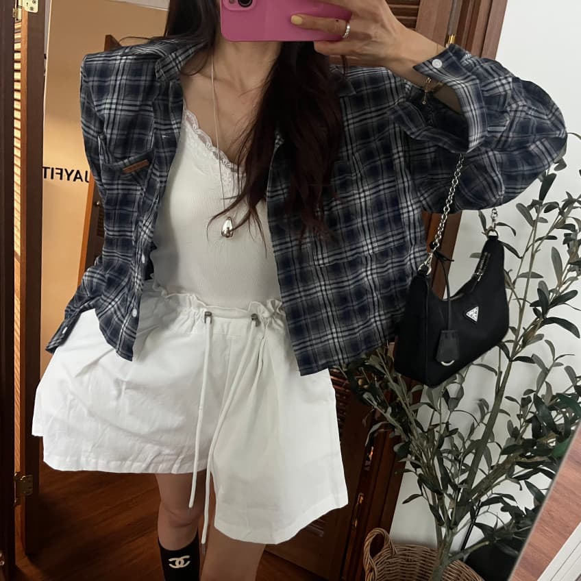 있음 선적 새로운 외국 가스 쇼트 스타일 뒤에 트임 스트랩 격자 무늬 셔츠 상세 이미지 10