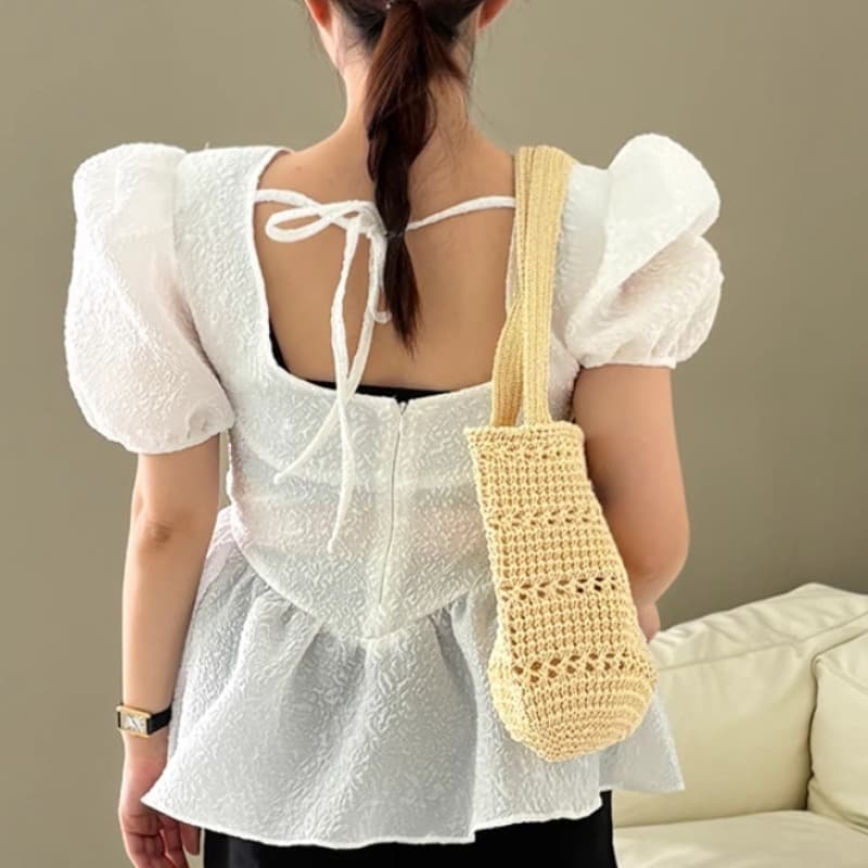 있음 선적 백리스 레이스업 거품 소매 치마 진자 셔츠 맨위 이미지 2