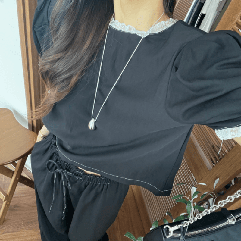 새로운 패션 레이스 패치워크 거품 소매 풀오버 맨위 허리밴드 스트레이트 긴 바지 세트 이미지 5
