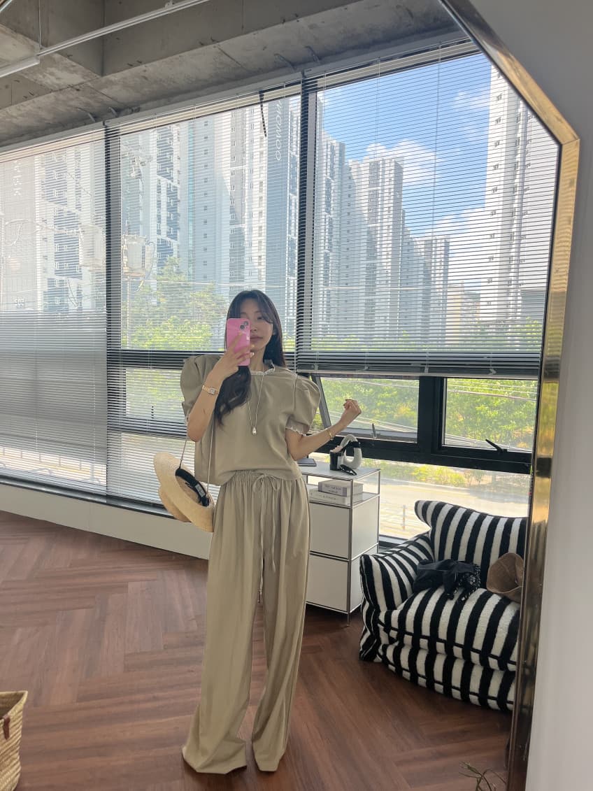 새로운 패션 레이스 패치워크 거품 소매 풀오버 맨위 허리밴드 스트레이트 긴 바지 세트 상세 이미지 23