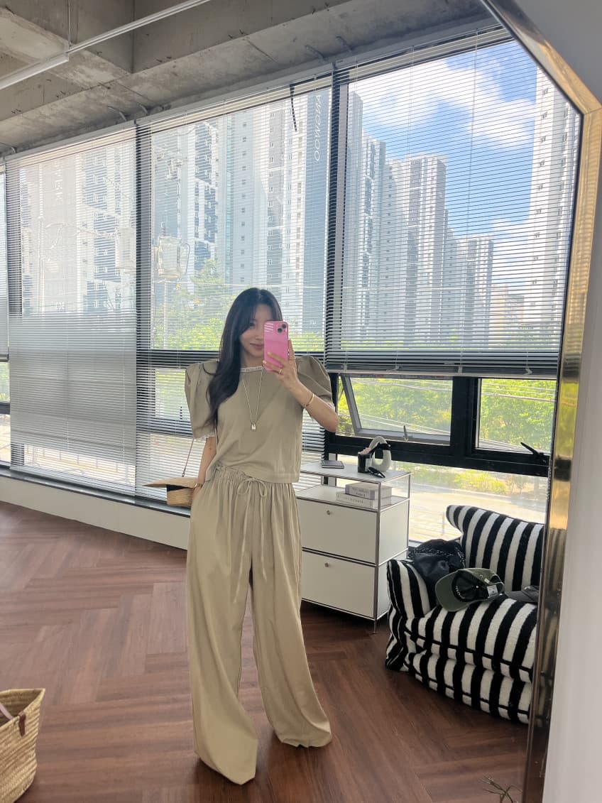 새로운 패션 레이스 패치워크 거품 소매 풀오버 맨위 허리밴드 스트레이트 긴 바지 세트 상세 이미지 25