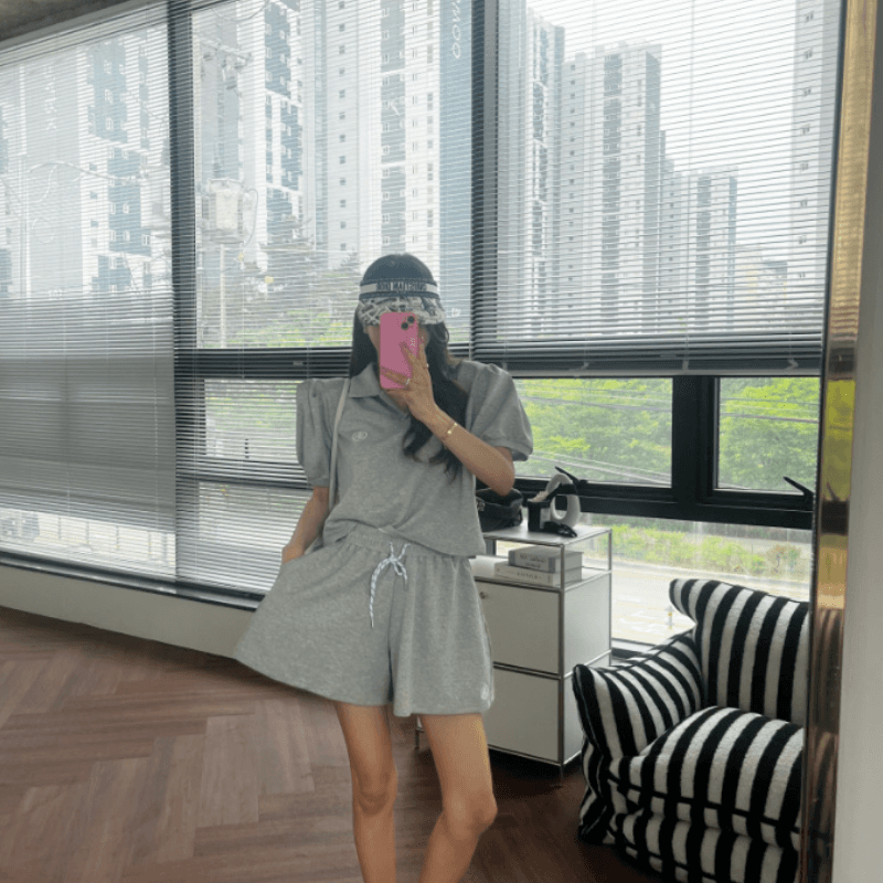 새로운 캐주얼 폴로 칼라 거품 소매 짧은 맨위 허리밴드 펌프 로프 반바지 세트 이미지 5