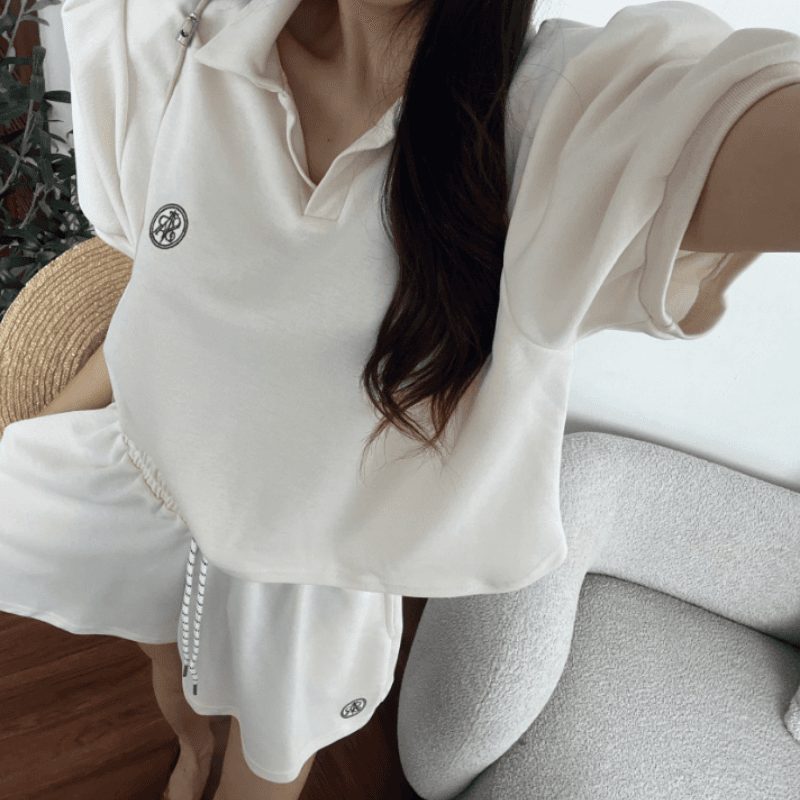 새로운 캐주얼 폴로 칼라 거품 소매 짧은 맨위 허리밴드 펌프 로프 반바지 세트 이미지 2