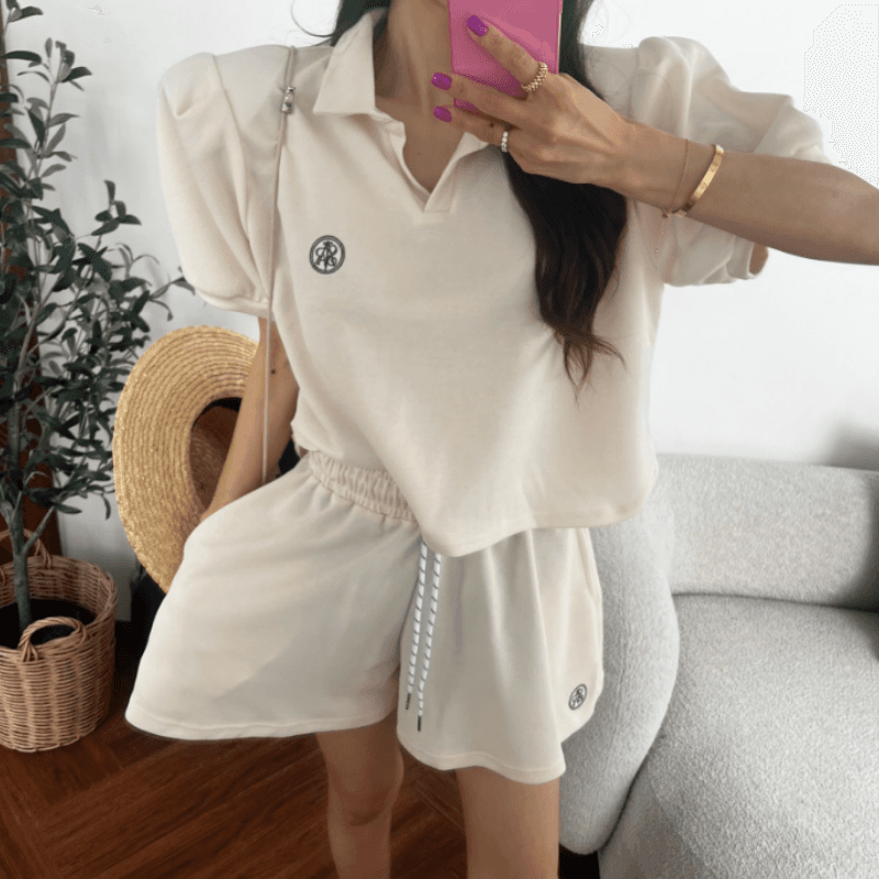 새로운 캐주얼 폴로 칼라 거품 소매 짧은 맨위 허리밴드 펌프 로프 반바지 세트 이미지 3