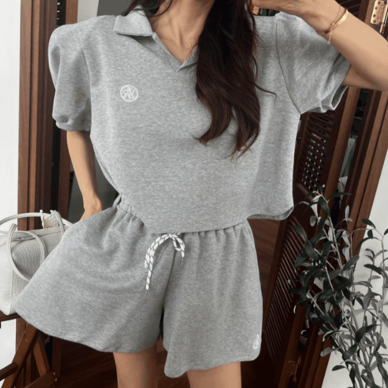 새로운 캐주얼 폴로 칼라 거품 소매 짧은 맨위 허리밴드 펌프 로프 반바지 세트