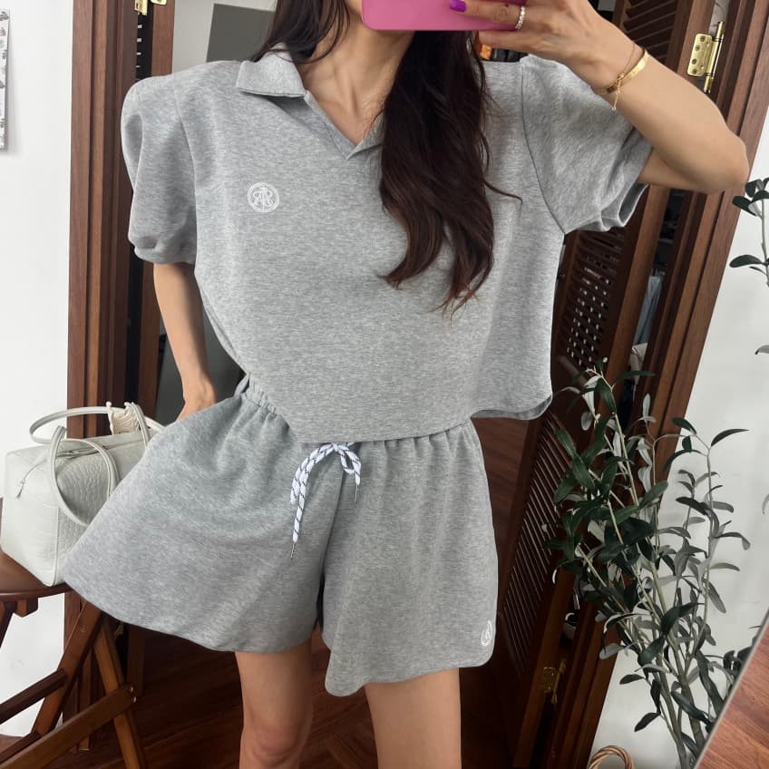 새로운 캐주얼 폴로 칼라 거품 소매 짧은 맨위 허리밴드 펌프 로프 반바지 세트 상세 이미지 1