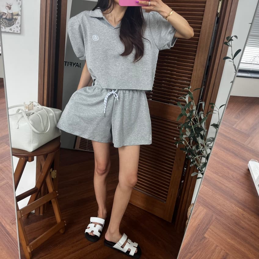 새로운 캐주얼 폴로 칼라 거품 소매 짧은 맨위 허리밴드 펌프 로프 반바지 세트 상세 이미지 7